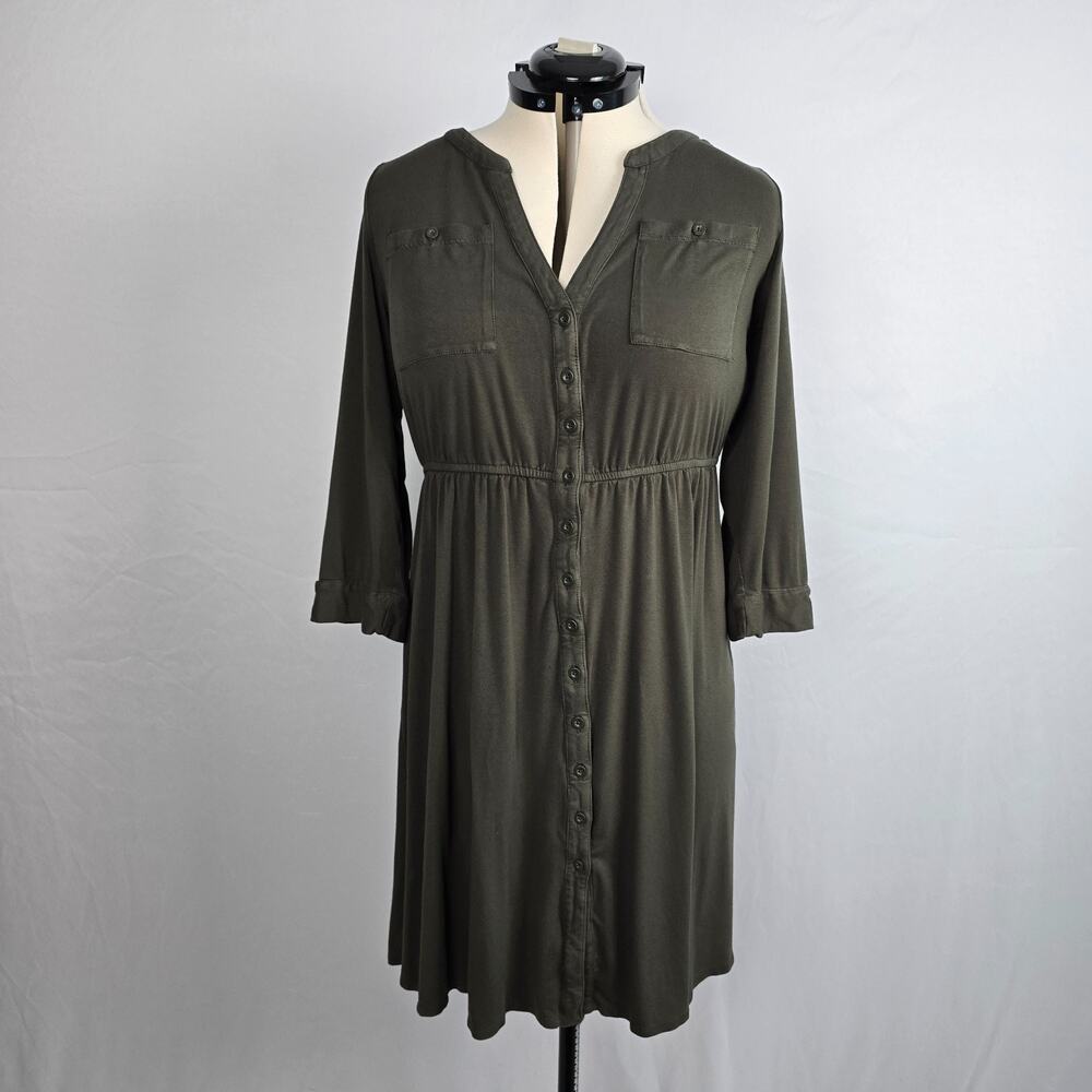 Torrid Button Down Long Sleeve Dress Women's 1X Olive Green Knee Notched V-Neck